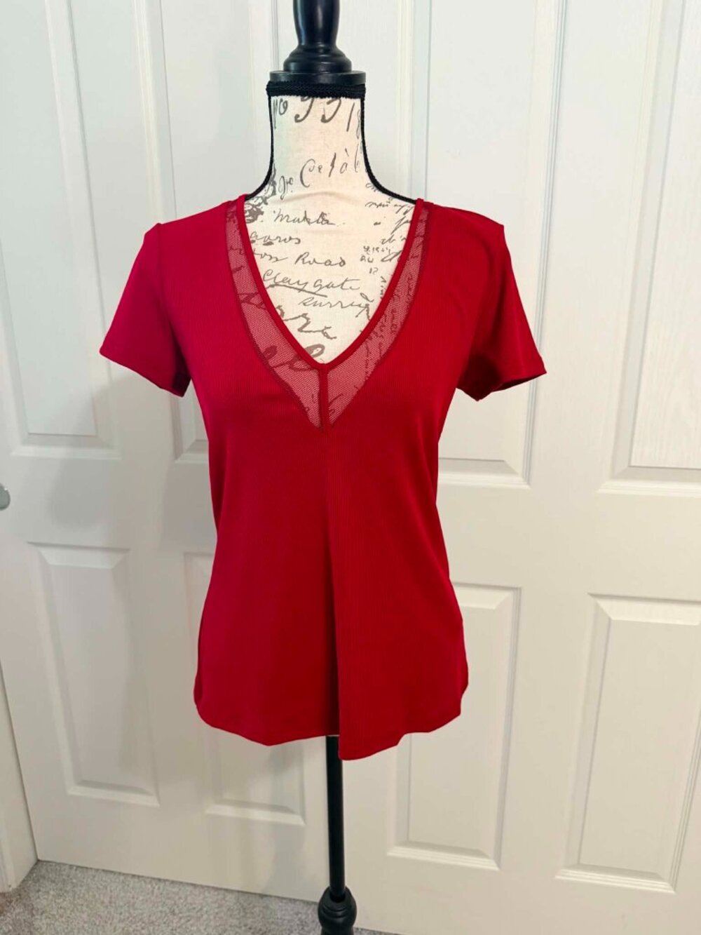 Women's Brand New Red Short-Sleeved V-Neck Top with Sheer Neckline Size M